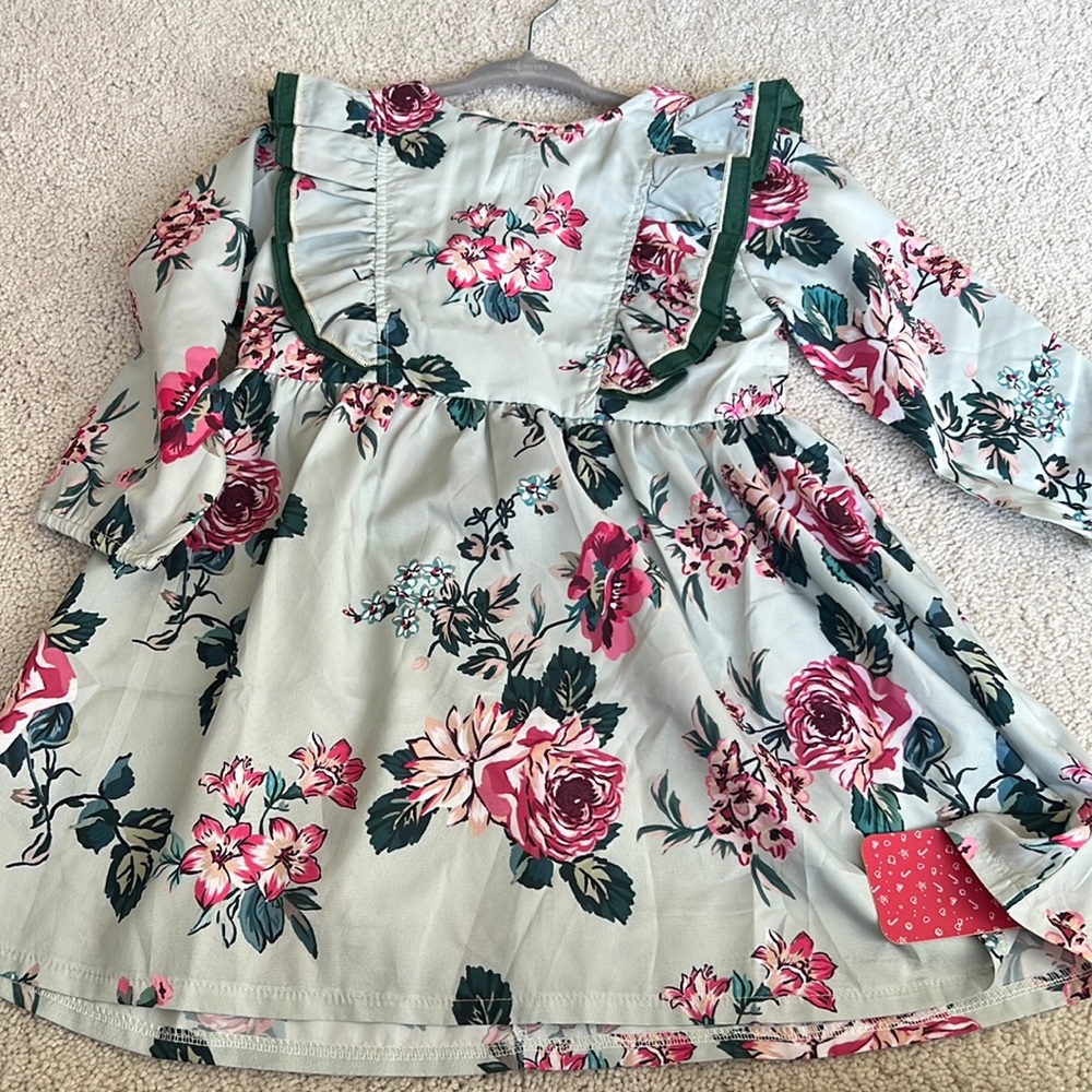 Floral Kids Dress with Green Accents